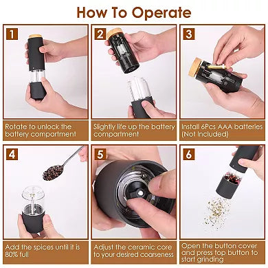 2-Piece Electric Salt & Pepper Grinder Set Battery Powered Adjustable Mill